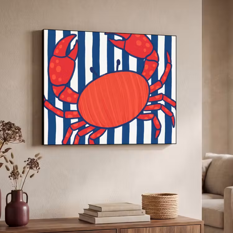 Krab - Strepen - Zeeleven - Illustratie - Rood Textielframe zwart klein -sfeer3