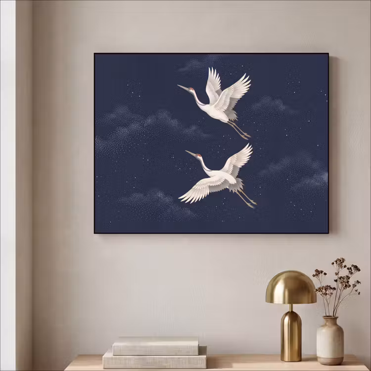 Kraanvogels - Nachthemel - Blauw Textielframe zwart klein -sfeer2