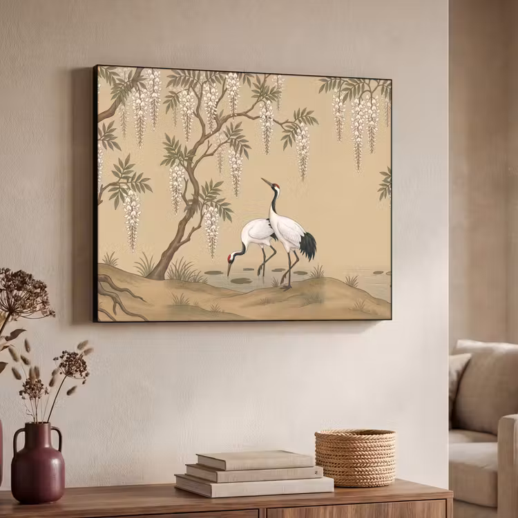 Kraanvogels - Water - Beige Textielframe zwart klein -sfeer3