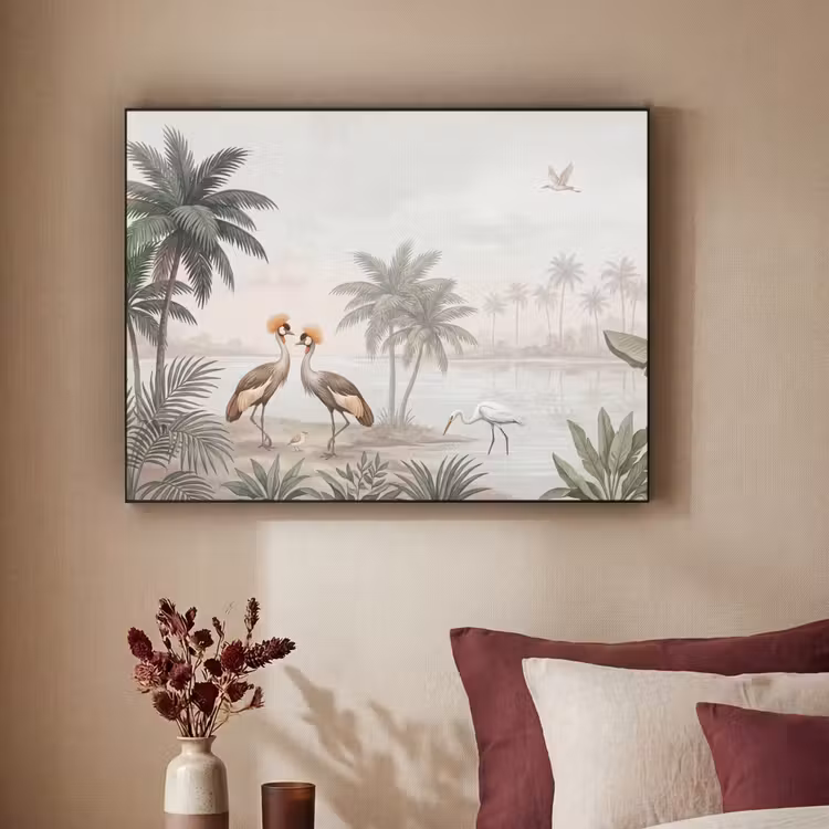 Kraanvogels - Palmbomen - Tropisch Textielframe zwart klein -sfeer1
