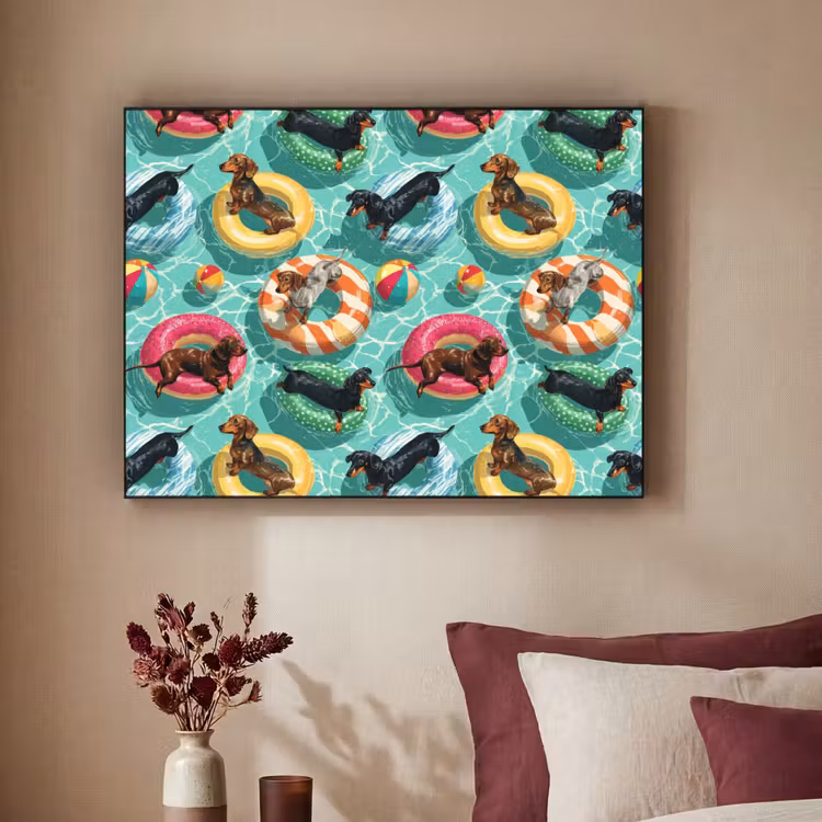 Teckels - Zwembad - Kleurrijk Textielframe zwart klein 947 -sfeer1