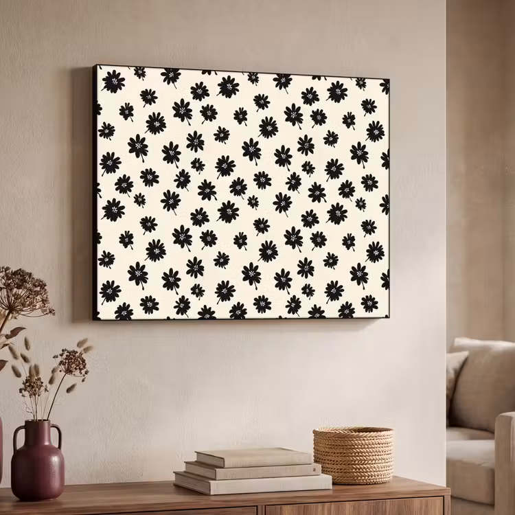 Madeliefjes - Grafisch - Zwart - Beige Textielframe zwart klein 947 -sfeer3