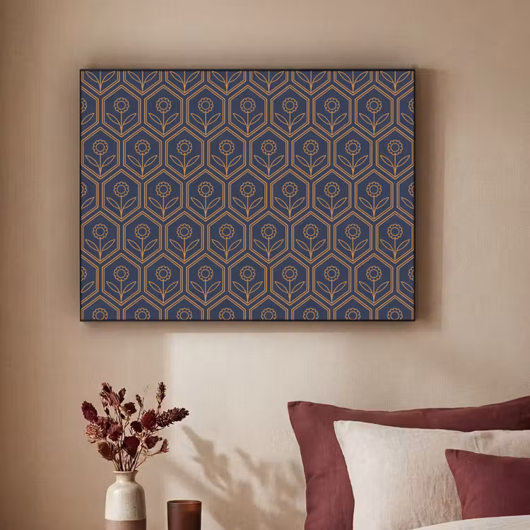 Donkerblauw - Patroon - Bloem - Symmetrisch Textielframe - compleet frame klein 947 -3d