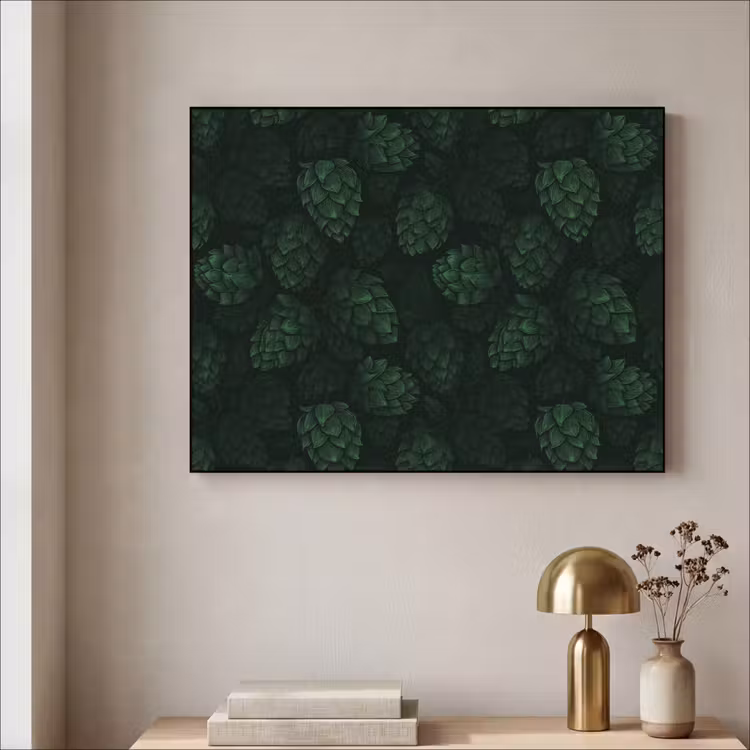 Donker - Groen - Hopbellen - Botanisch - Illustratie Textielframe zwart klein 947 -sfeer2