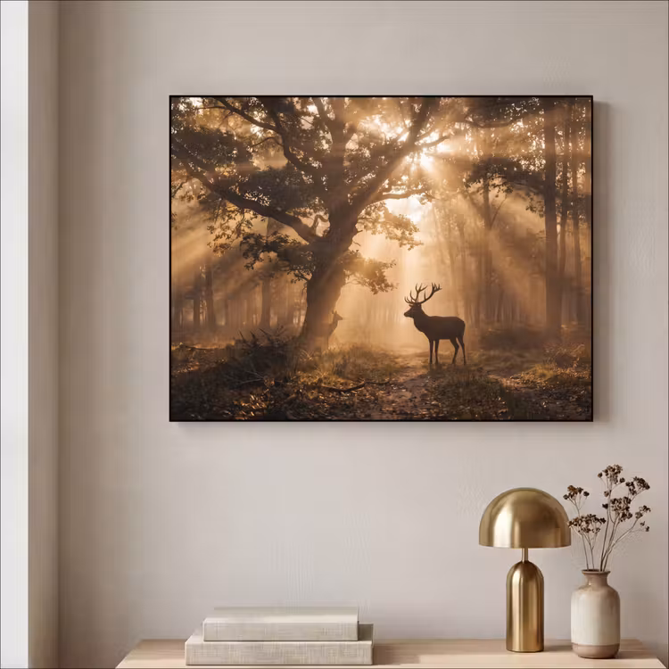 Hert - Bos - Mistig - Natuur - Goud Textielframe zwart klein -sfeer2