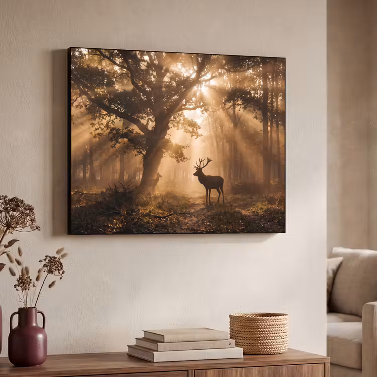 Hert - Bos - Mistig - Natuur - Goud Textielframe zwart klein -sfeer3