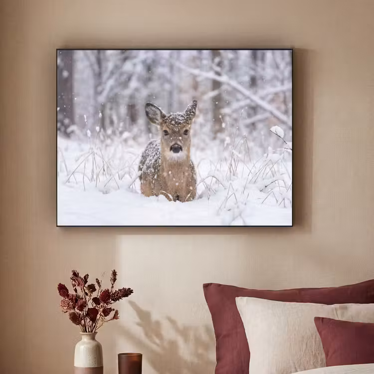 Hert - Sneeuw - Bos - Dieren - Vertederend Textielframe zwart klein -sfeer1