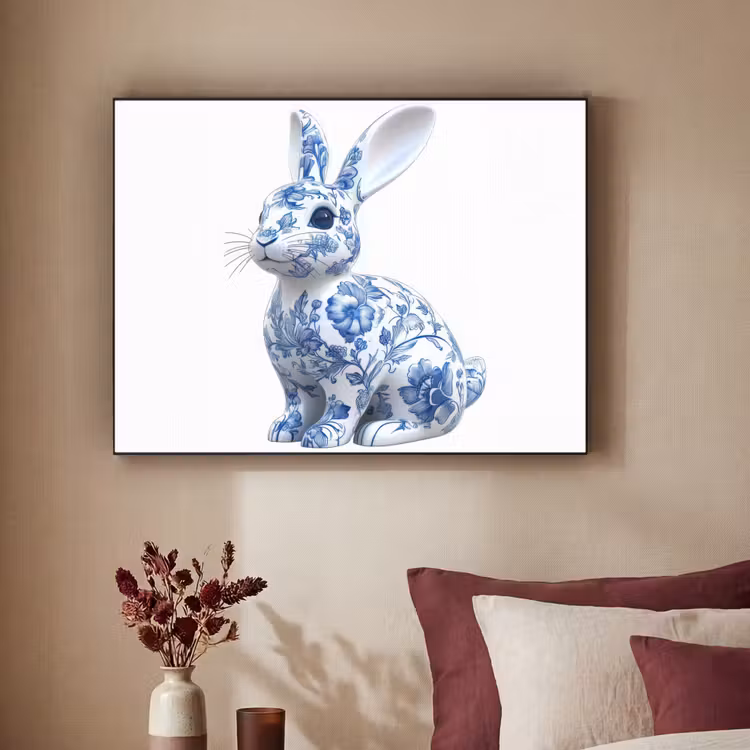 Delftsblauw - Haasje - Wit Textielframe - compleet frame klein -sfeer1