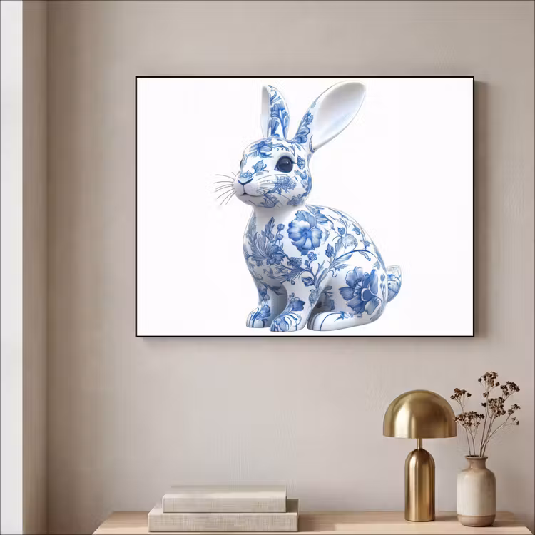 Delftsblauw - Haasje - Wit Textielframe - compleet frame klein -sfeer2