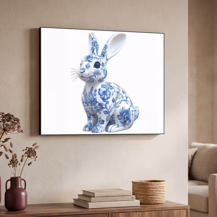 Delftsblauw - Haasje - Wit Textielframe - compleet frame klein -sfeer3