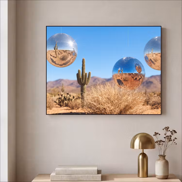 Art Frame - Desert - Mirror Ball - Art - Woestijn - Spiegelbal - Kunst Textielframe zwart klein