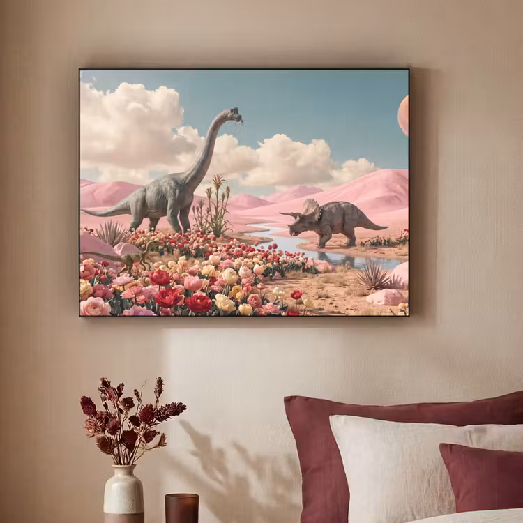 Art Frame - Dinosaur - Pink - Landscape - Dinosaurus - Roze - Landschap Textielframe zwart klein