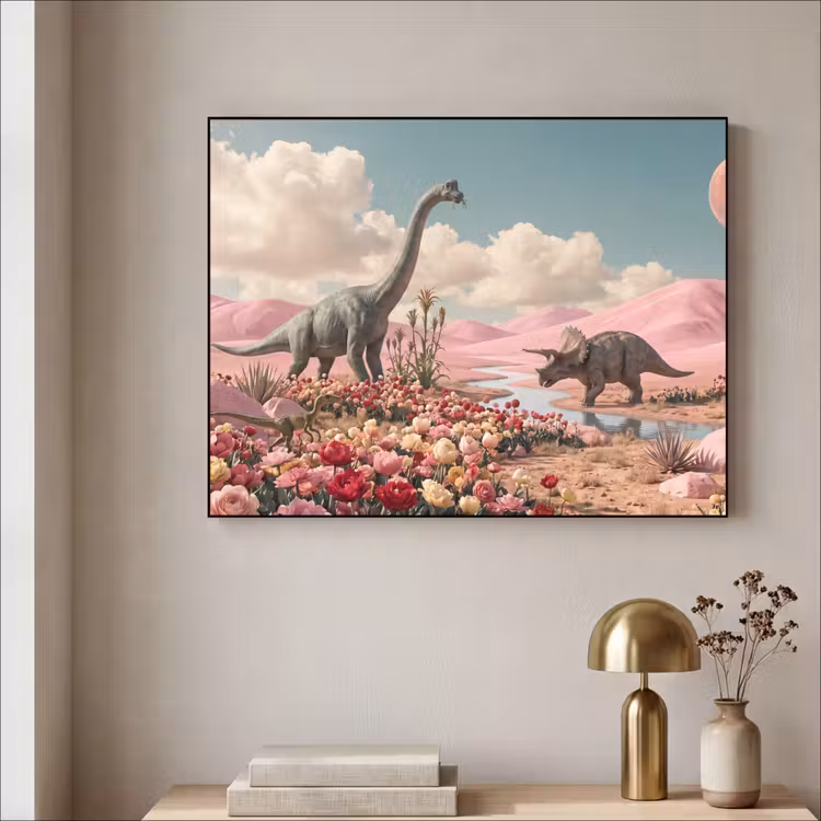 Art Frame - Dinosaur - Pink - Landscape - Dinosaurus - Roze - Landschap Textielframe zwart klein