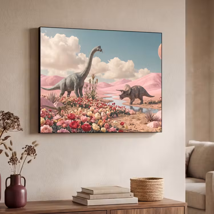 Art Frame - Dinosaur - Pink - Landscape - Dinosaurus - Roze - Landschap Textielframe zwart klein