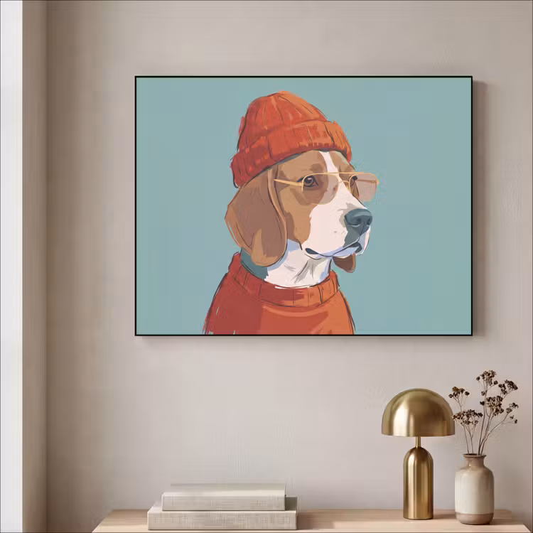 Hond - Beanie - Zonnebril - Dieren - Modern Textielframe zwart klein -sfeer2