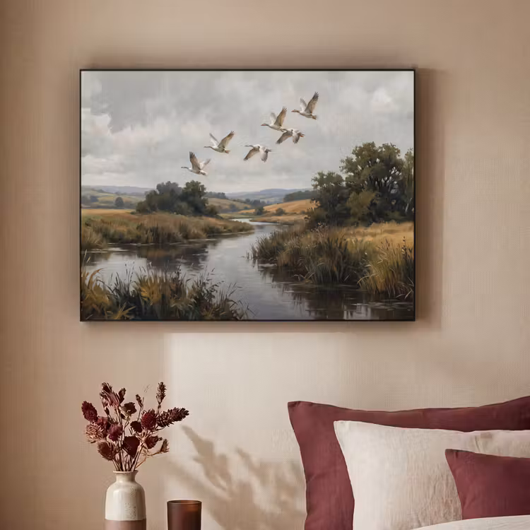 Eenden - Rivier - Landschap - Vlucht - Nostalgisch Textielframe zwart klein -sfeer1