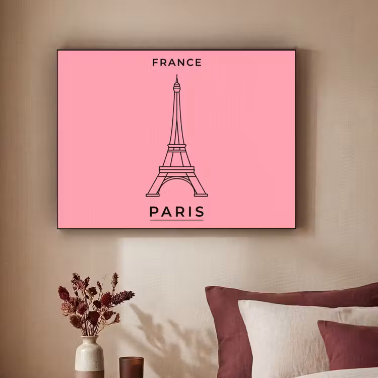 Eiffeltoren - Parijs - Architectuur - Minimalistisch - Roze Textielframe zwart klein -sfeer1