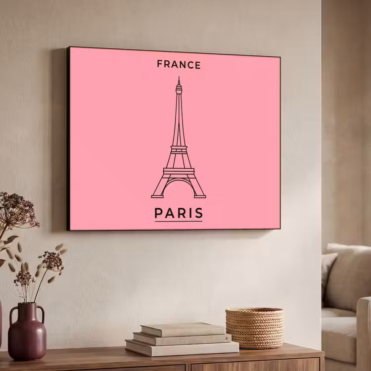 Eiffeltoren - Parijs - Architectuur - Minimalistisch - Roze Textielframe zwart klein -sfeer3
