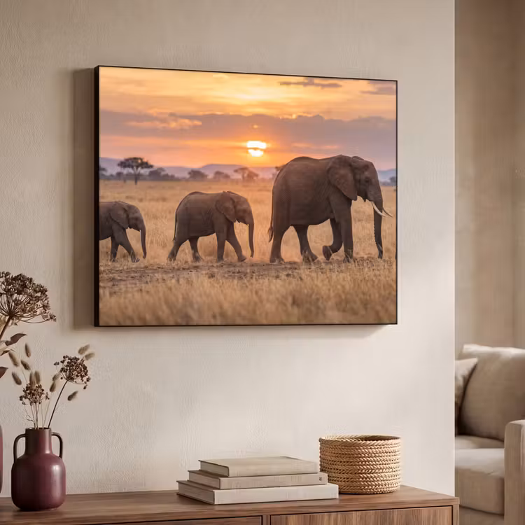 Olifanten - Savanne - Zonsondergang - Afrika - Warm Textielframe zwart klein -sfeer3