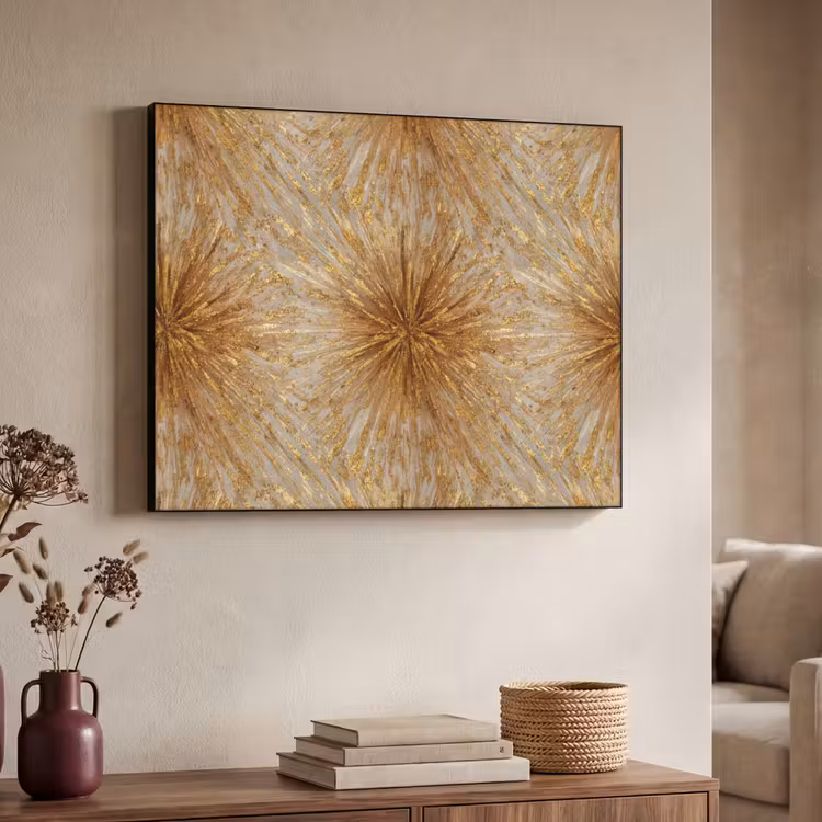 Explosie - Abstract - Goud - Wit Textielframe zwart klein 947 -sfeer3