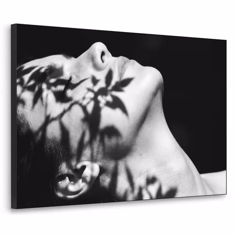 Gezicht - Schaduw - Bladeren - Zwart - Wit - Intiem Textielframe zwart klein -3d