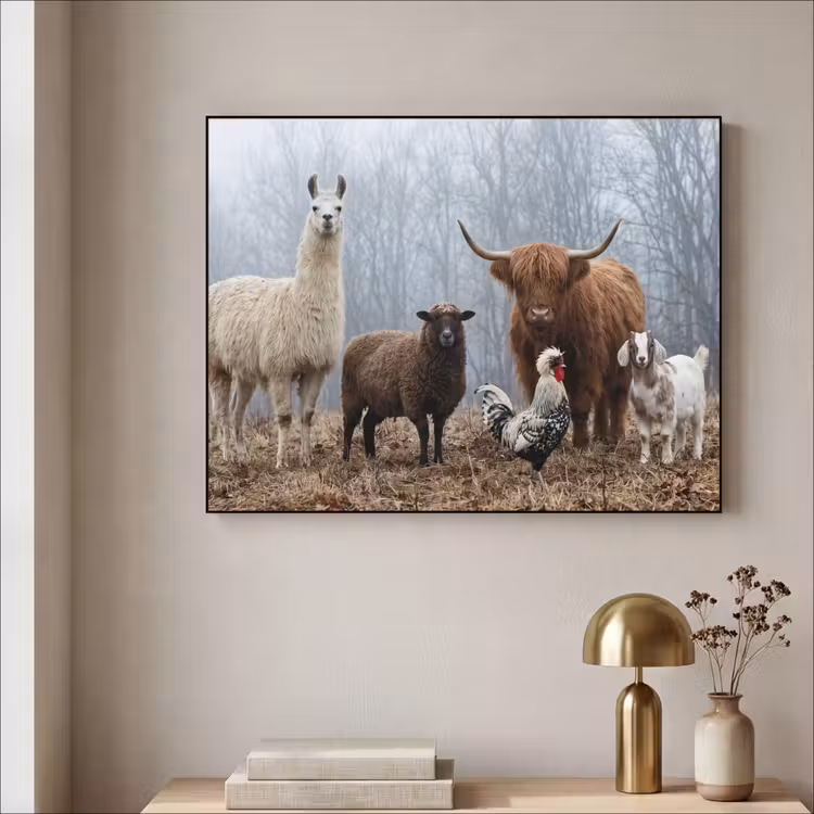 Boerderijdieren - Groep - Mist - Natuur - Rustiek Textielframe zwart klein -sfeer2