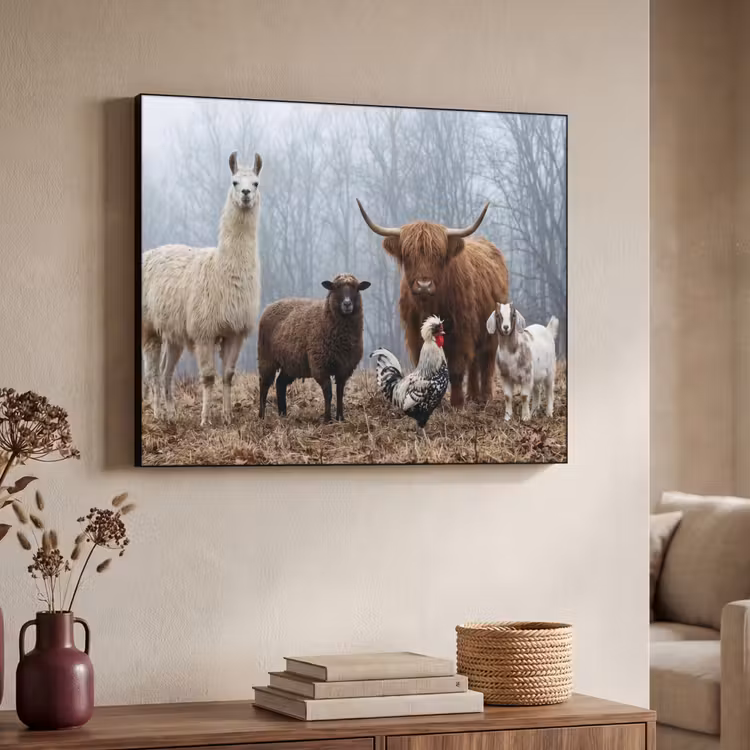 Boerderijdieren - Groep - Mist - Natuur - Rustiek Textielframe zwart klein -sfeer3