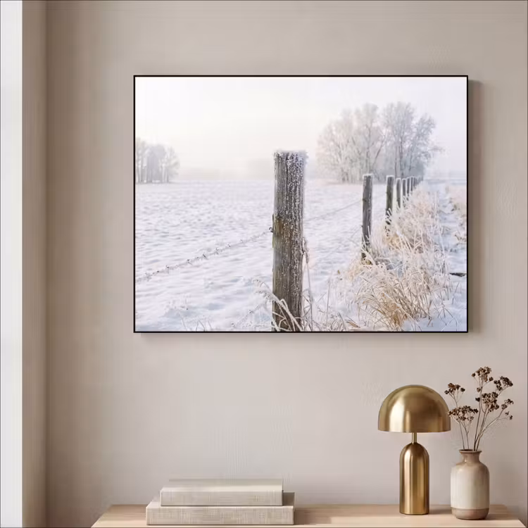 Hek - Sneeuw - Mist - Platteland - Nostalgisch Textielframe zwart klein -sfeer2