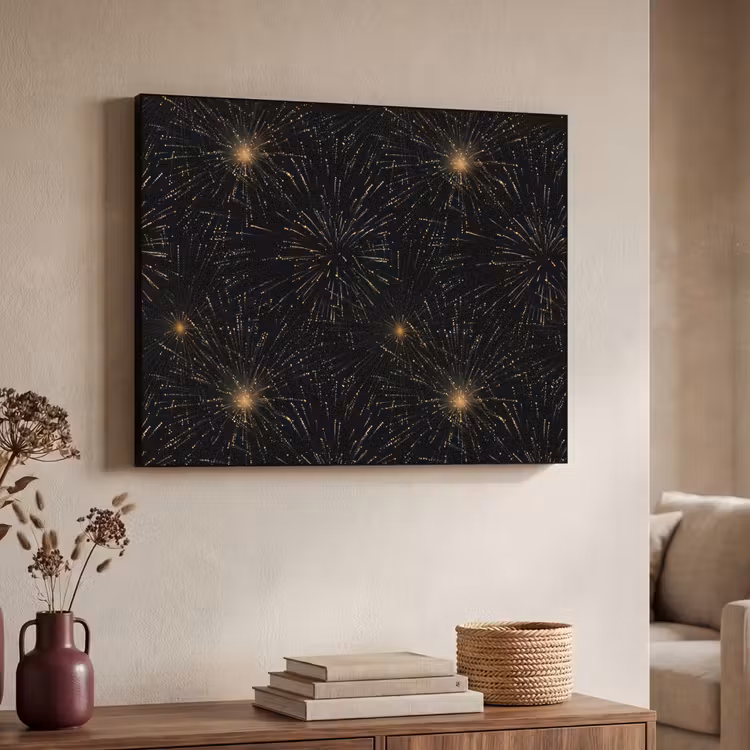 Vuurwerk - Patroon - Feestelijk - Goud - Zwart Textielframe zwart klein 947 -sfeer3