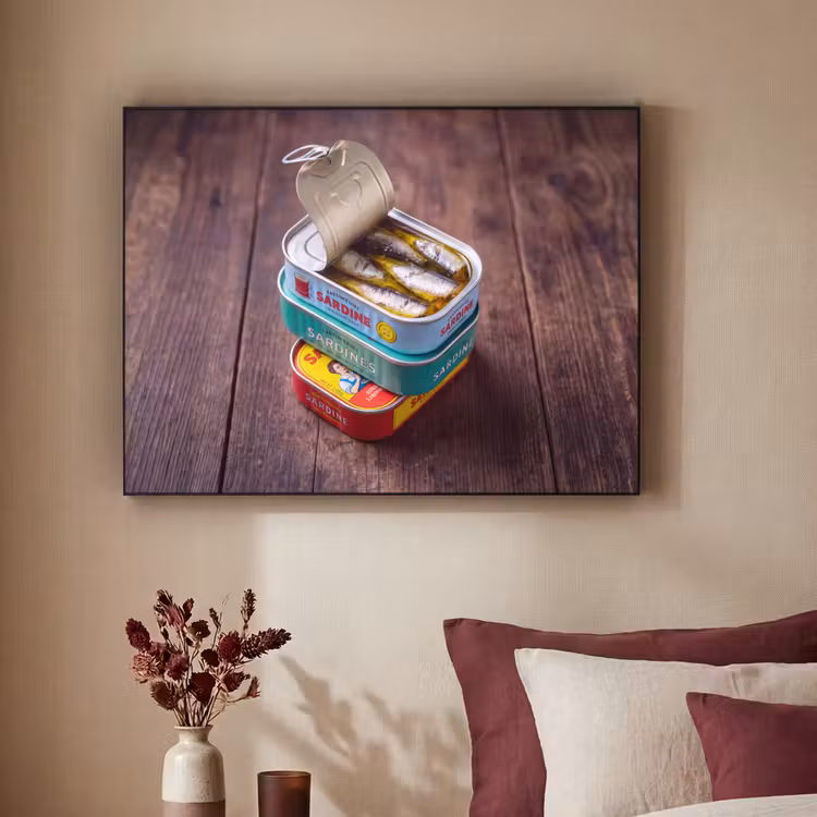 Art Frame - Fish - Cans - Kitchen - Vis - Blikjes - Keuken Textielframe zwart klein