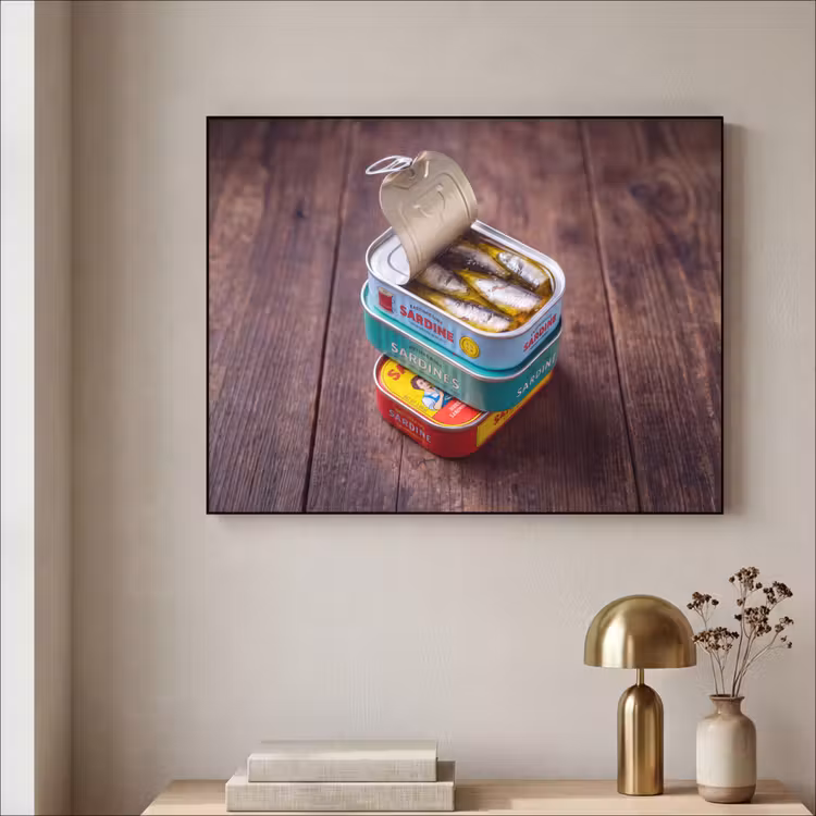 Art Frame - Fish - Cans - Kitchen - Vis - Blikjes - Keuken Textielframe zwart klein