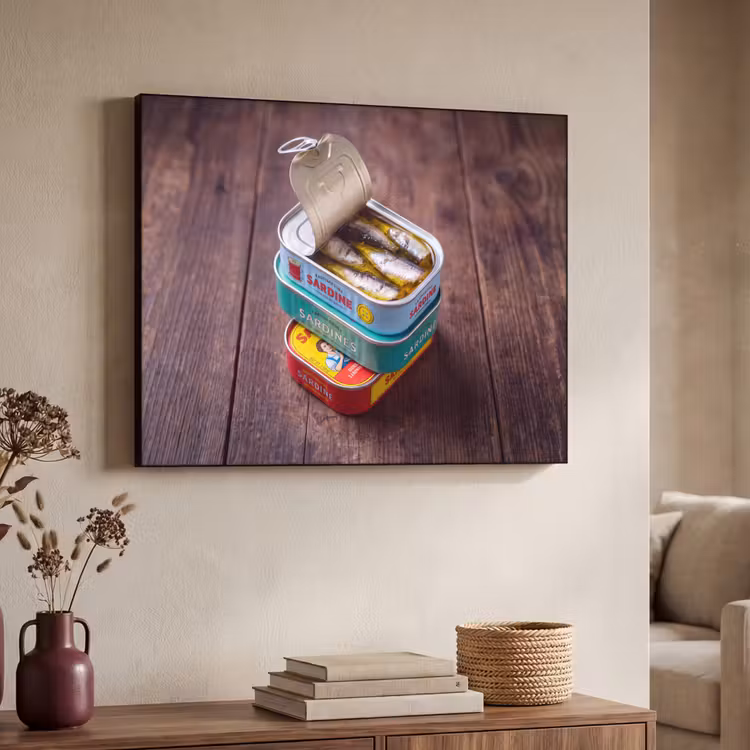 Art Frame - Fish - Cans - Kitchen - Vis - Blikjes - Keuken Textielframe zwart klein