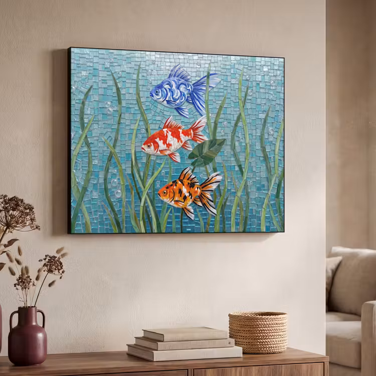 Vis - Mozaïek - Onderwater - Kleurrijk - Dieren Textielframe zwart klein -sfeer3