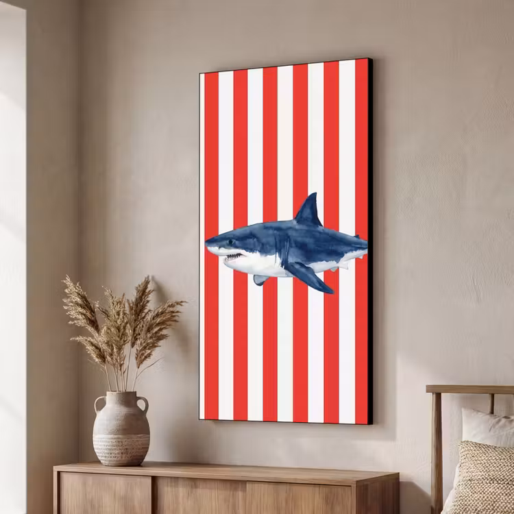 Vis - Haai - Zee - Illustratie - Blauw Textielframe zwart klein -sfeer3