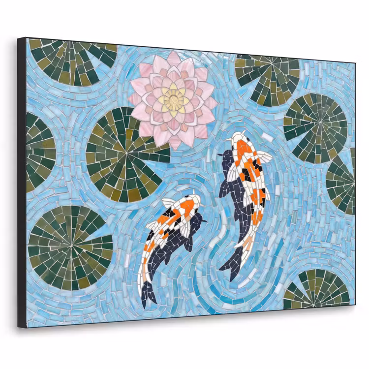 Vis - Water - Natuur - Mozaïek - Blauw Textielframe zwart klein -3d