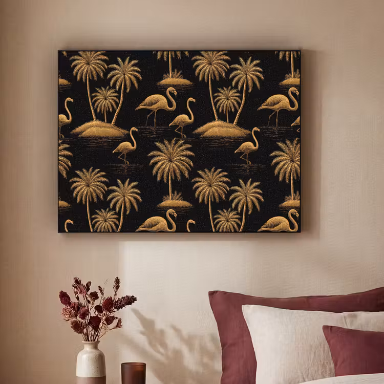 Flamingo - Palmbomen - Tropisch - Goud - Zwart Textielframe zwart klein 947 -sfeer1