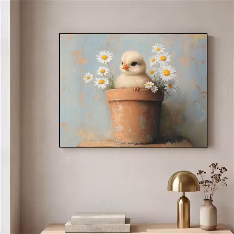 Bloempot - Kuiken - Bloemetjes Textielframe - compleet frame klein -sfeer2