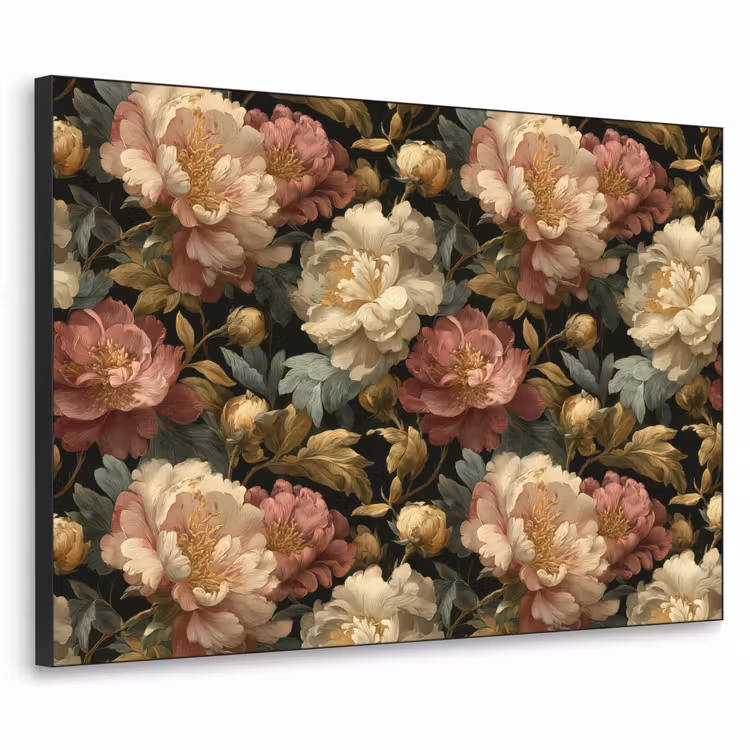 Bloemen - Barok - Patroon - Roze - Crème Textielframe zwart klein 947 -3d
