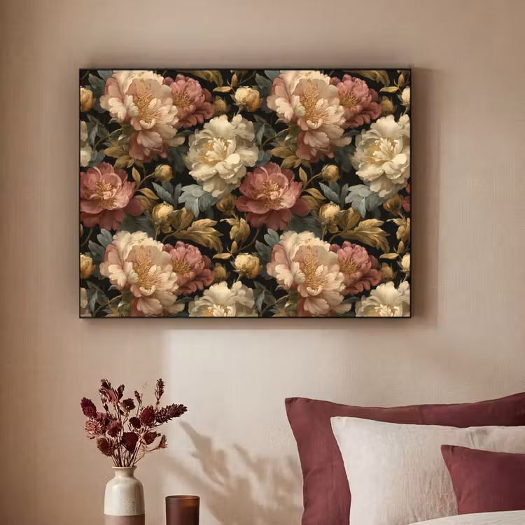 Bloemen - Barok - Patroon - Roze - Crème Textielframe zwart klein 947 -sfeer1