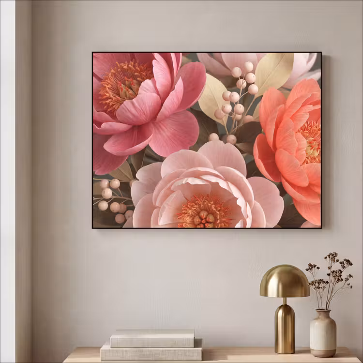 Bloemen - Bloesem - Zacht - Koraal - Decoratie Textielframe zwart klein -sfeer2