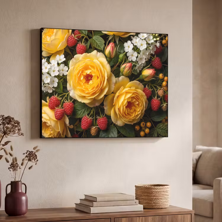 Bloemen - Boeket - Natuur - Klassiek - Geel Textielframe zwart klein -sfeer3