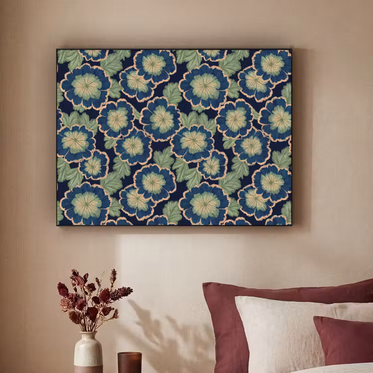 Bloemen - Borduurwerk - Patroon - Blauw - Groen Textielframe zwart klein 947 -sfeer1