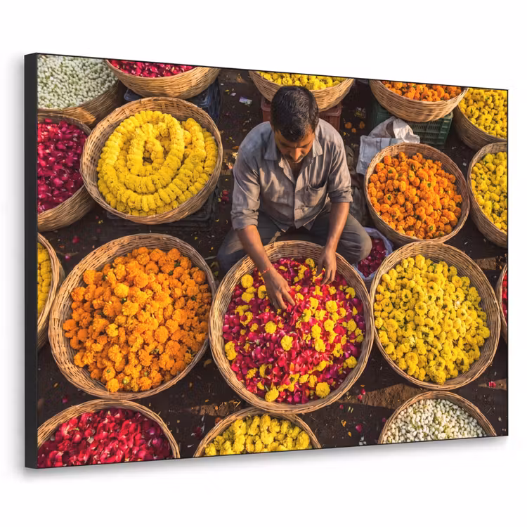 Art Frame - Flowers - Market - Colorful - Bloemen - Markt - Kleurrijk Textielframe zwart klein