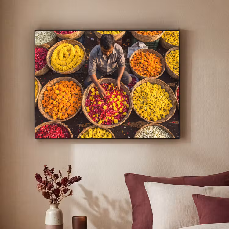Art Frame - Flowers - Market - Colorful - Bloemen - Markt - Kleurrijk Textielframe zwart klein