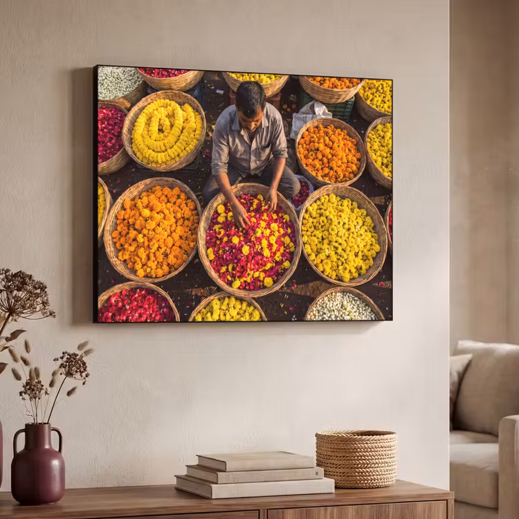 Art Frame - Flowers - Market - Colorful - Bloemen - Markt - Kleurrijk Textielframe zwart klein