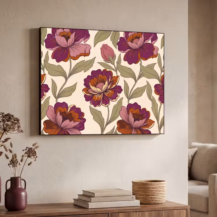 Bloemen - Patroon - Natuur - Modern - Paars Textielframe zwart klein -sfeer3