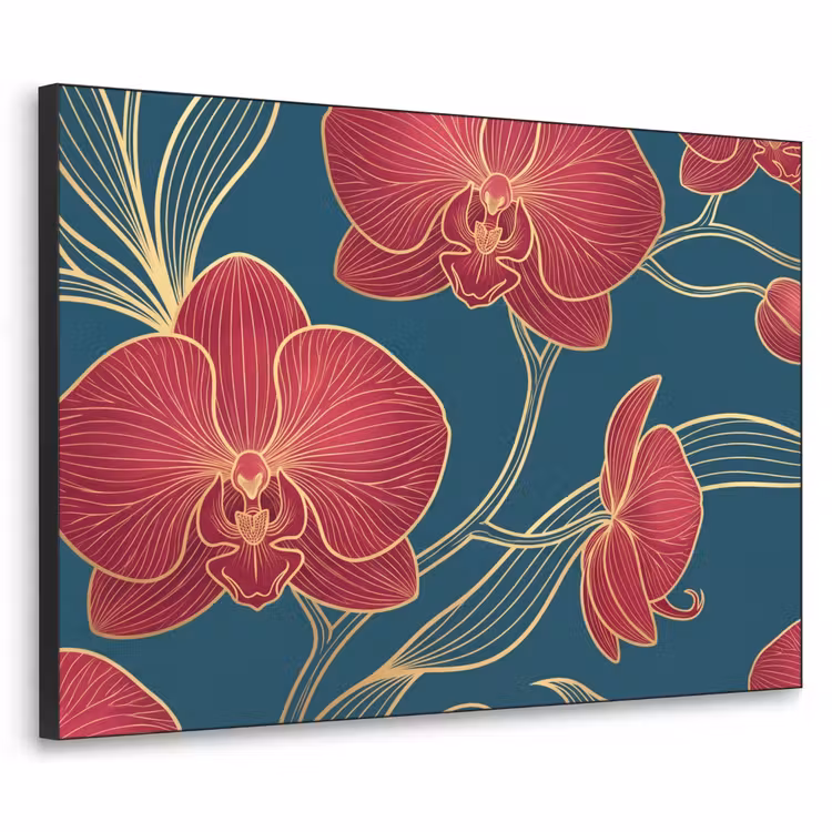 Art Frame - Flowers - Red - Gold - Bloemen - Rood - Goud Textielframe zwart klein