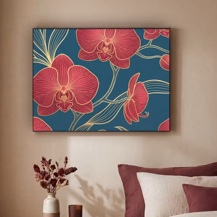 Art Frame - Flowers - Red - Gold - Bloemen - Rood - Goud Textielframe zwart klein