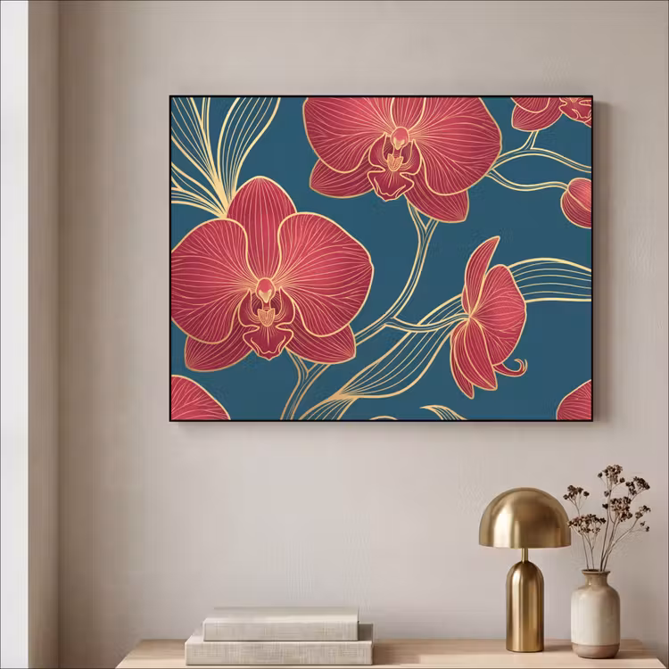 Art Frame - Flowers - Red - Gold - Bloemen - Rood - Goud Textielframe zwart klein