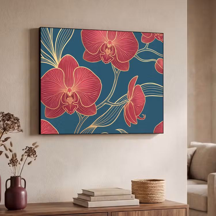 Art Frame - Flowers - Red - Gold - Bloemen - Rood - Goud Textielframe zwart klein
